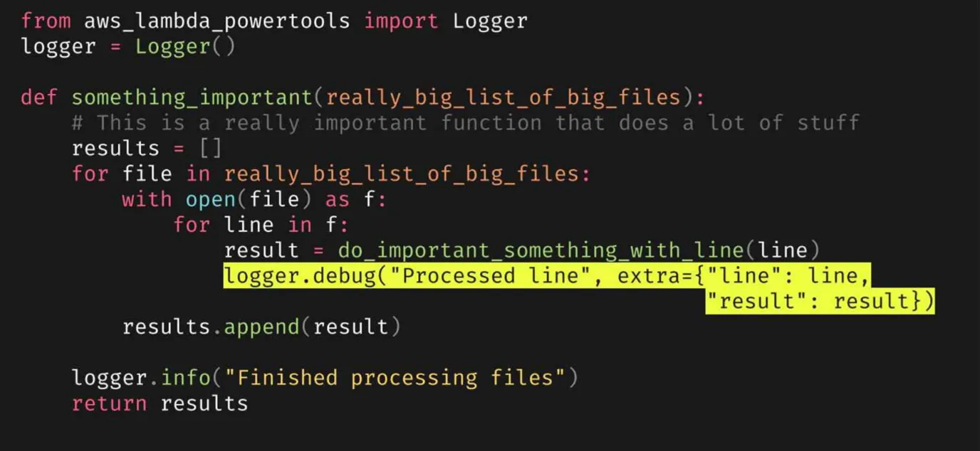 Python Lambda function with a logger.debug call highlighted inside a nested per-line loop