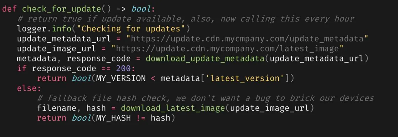 An update-check function that polls a CDN for update metadata every hour