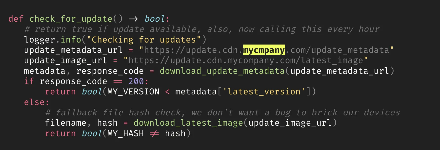 The same function with a typo in the CDN hostname highlighted — every request misses the cache